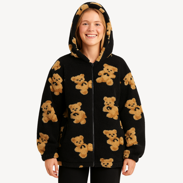 Womens Hooded Jacket with Teddy Bear Pattern Relaxed Fit - BritishMode