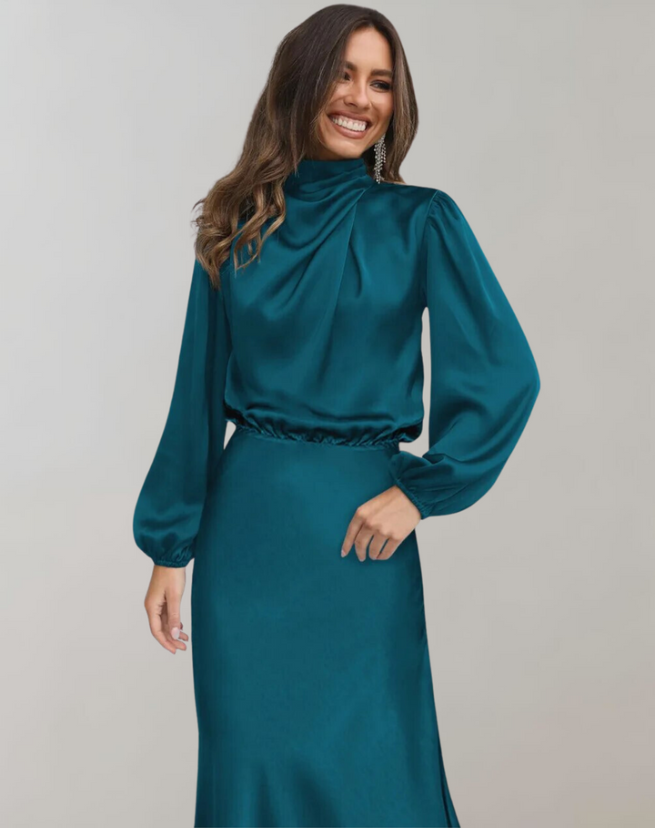 Womens Satin Bodycon Midi Dress Long Sleeve - BritishMode