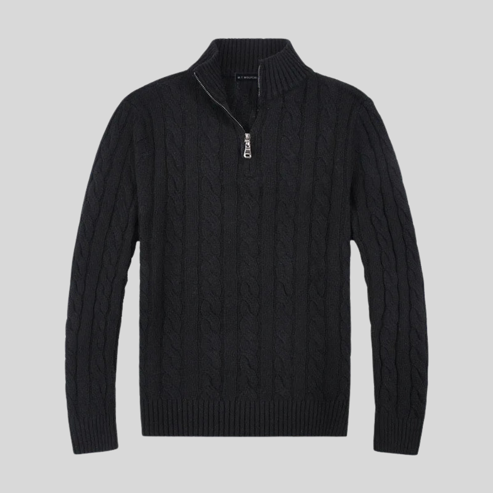 Mens Cable Knit Sweater Mock Neck Quarter Zip