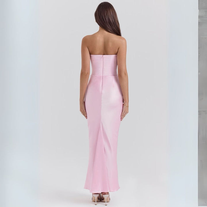 Womens Satin Strapless Corset Maxi Dress