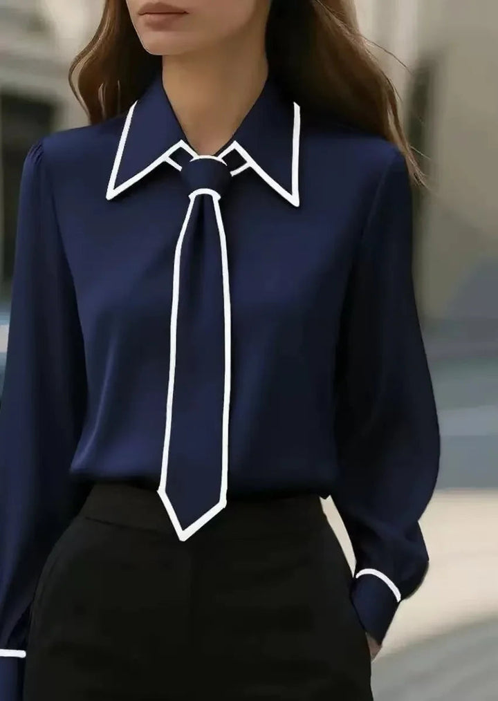 Womens Long Sleeve Blouse with Tie Neck and Contrast Collar