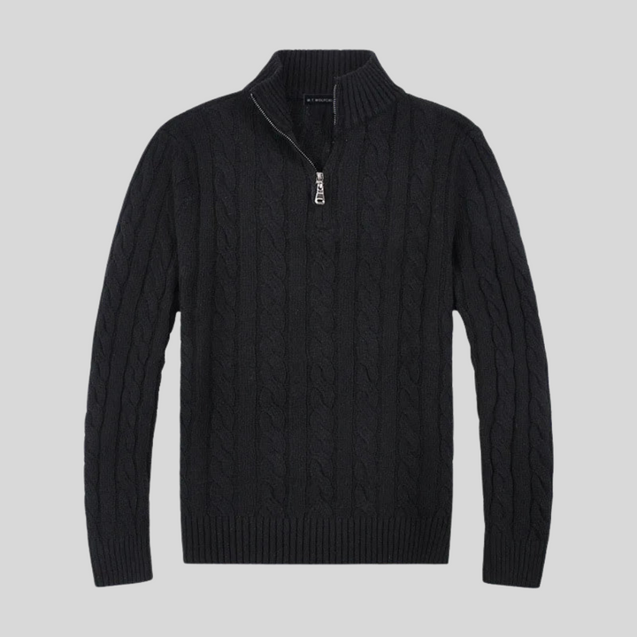 Mens Cable Knit Sweater Mock Neck Quarter Zip