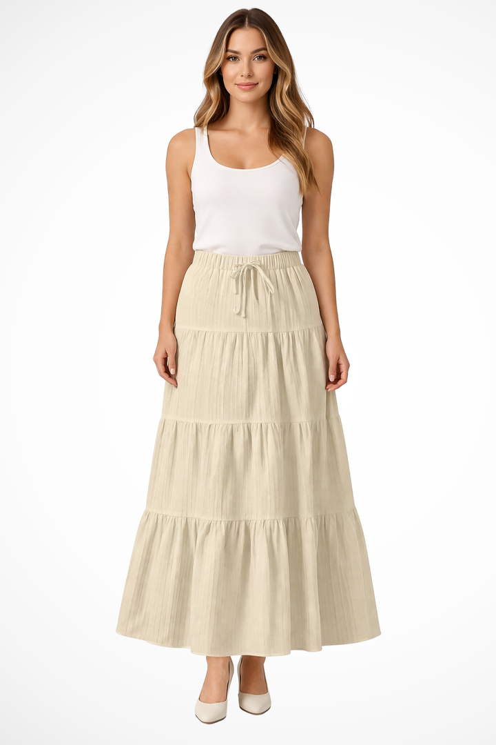 Womens Maxi Skirt Elastic Waist Drawstring Tiered Boho Style