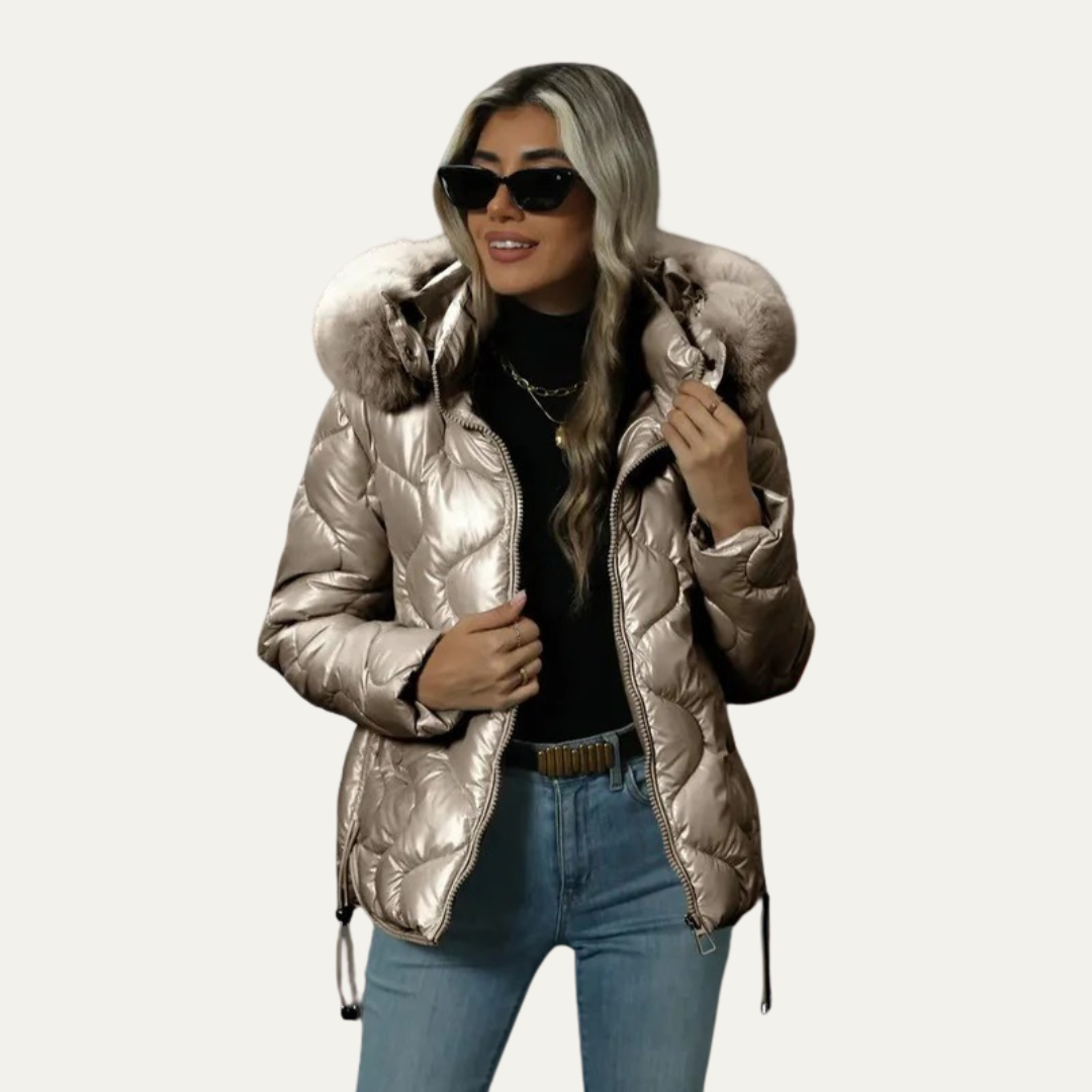 Womens Quilted Puffer Jacket Metallic Insulated Fit