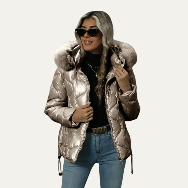 Womens Quilted Puffer Jacket Metallic Insulated Fit