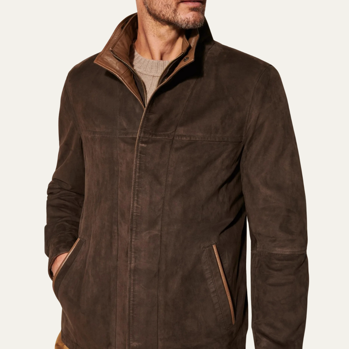 Mens Suede Bomber Jacket Retro Zip-Up Style