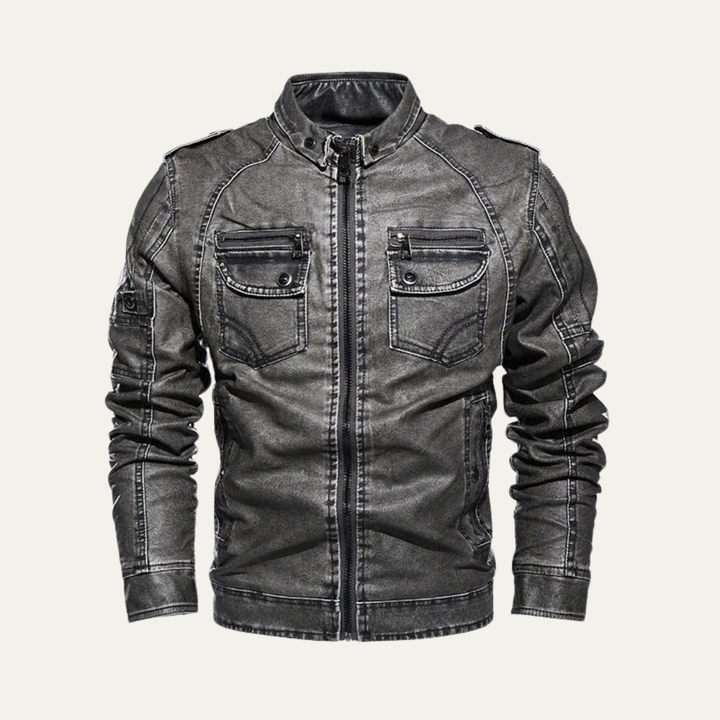 Mens Leather Jacket Biker Style Multi Pocket