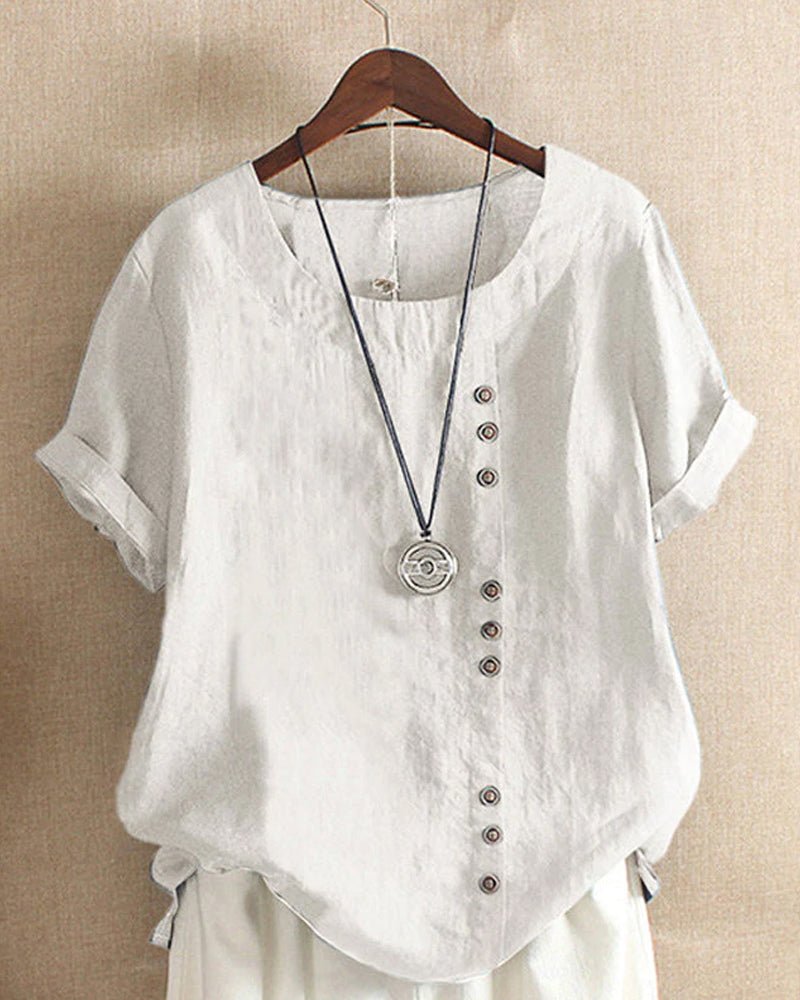 Womens Linen Blouse Casual Peasant Style Button Detail
