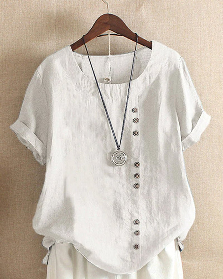 Womens Linen Blouse Casual Peasant Style Button Detail