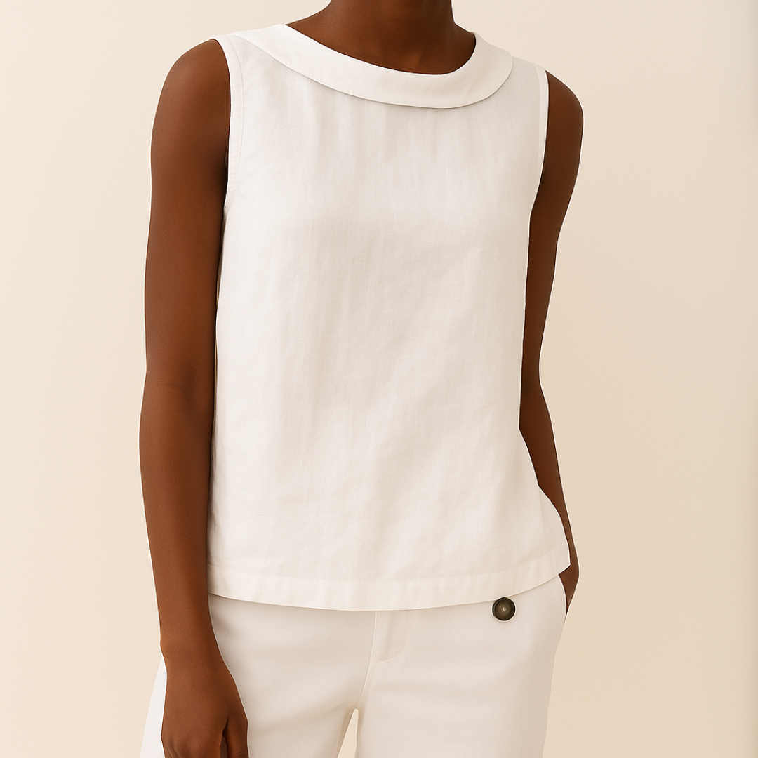 Womens Sleeveless Linen Top Rolled Collar Relaxed Fit