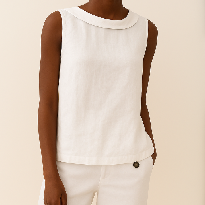 Womens Sleeveless Linen Top Rolled Collar Relaxed Fit