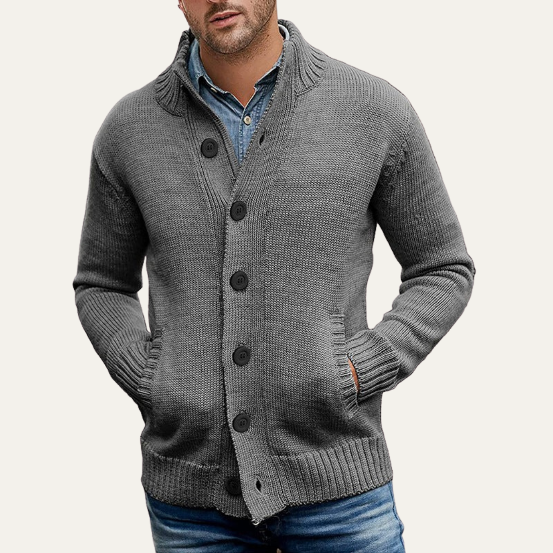 Mens Button Cardigan Chunky Knit Mock Neck