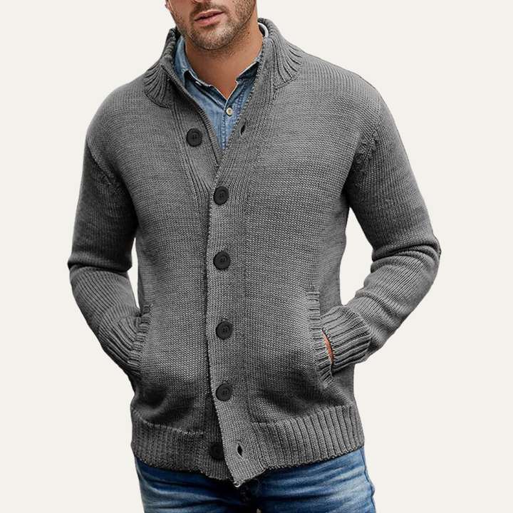 Mens Button Cardigan Chunky Knit Mock Neck
