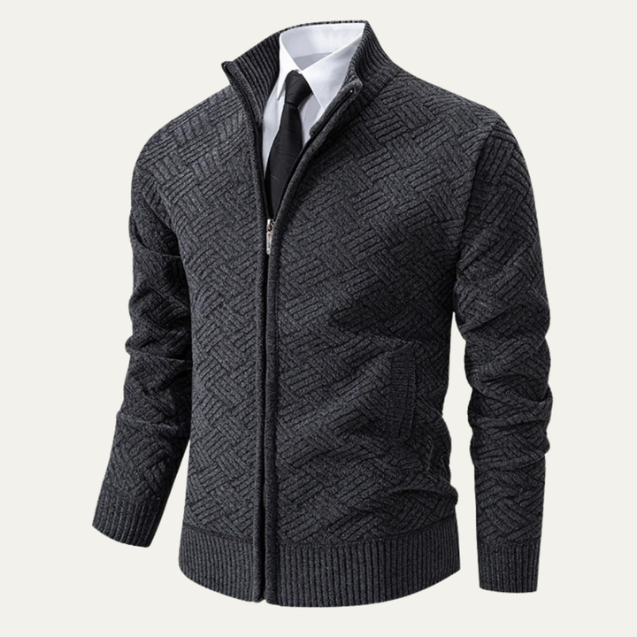 Mens Knit Jacket Diamond Pattern Stand Collar Elegant Fit