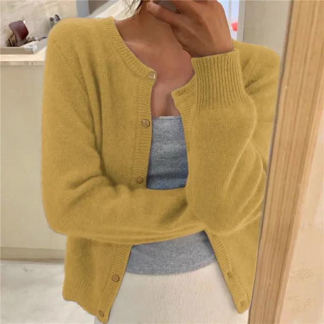 Womens Knit Cardigan Soft Fabric Round Neck Long Sleeve