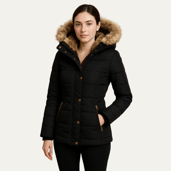 Womens Quilted Puffer Jacket Faux Fur Hooded