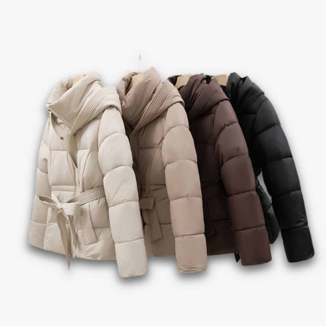 Womens Puffer Jacket with Hood and Belted Waist
