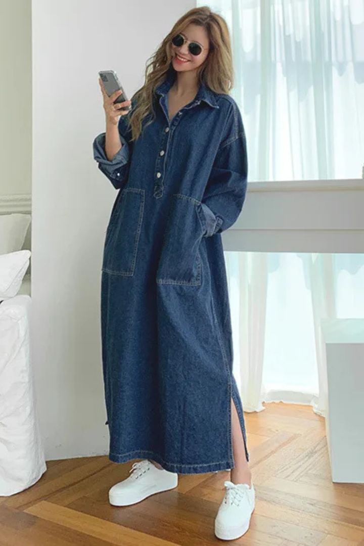 Womens Denim Maxi Dress Oversized Long Sleeve Collared with Pockets