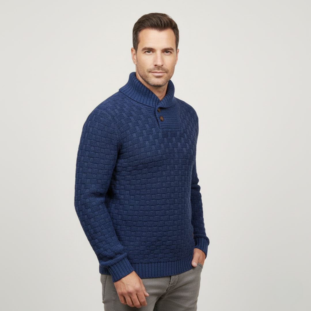 Mens Knit Sweater Textured Basketweave Shawl Collar - BritishMode
