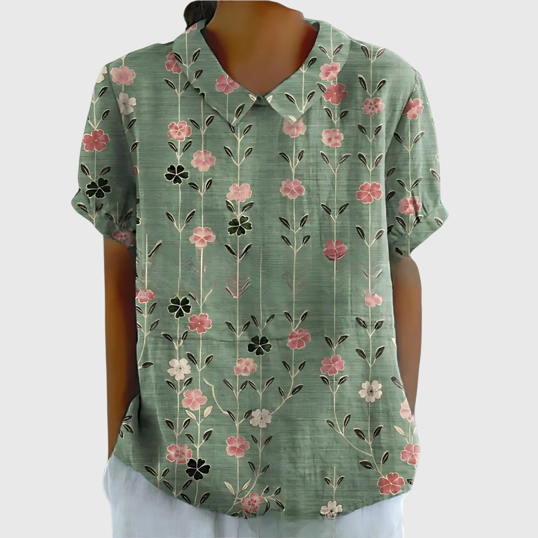 Womens Blouse Floral Print Peter Pan Collar Short Sleeve - BritishMode