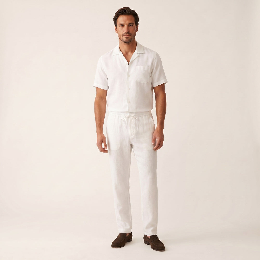 Mens Linen Shirt with Cuban Collar Relaxed Fit - BritishMode