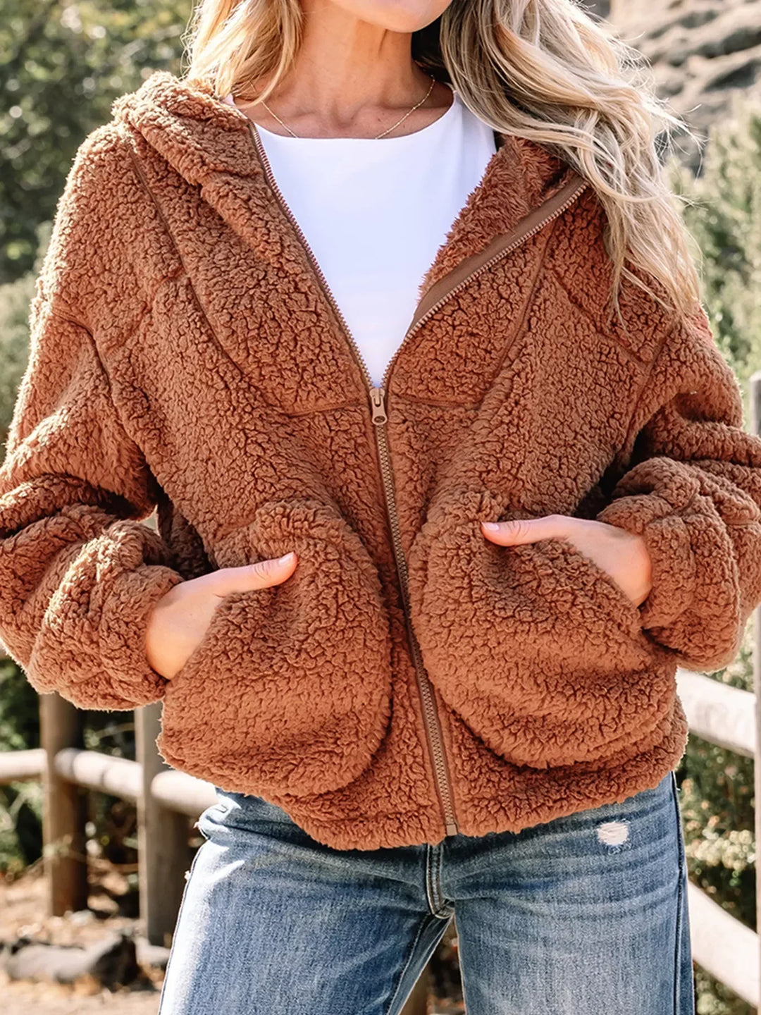 Womens Oversized Teddy Coat with Zip Comfortable Fit - BritishMode