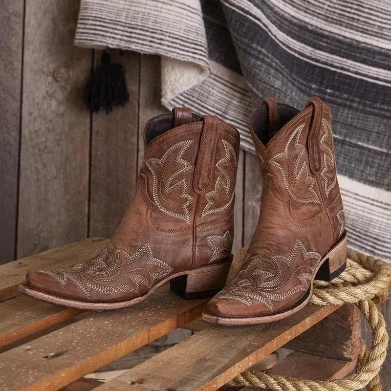 Womens Leather Cowboy Boots with Embroidered Design