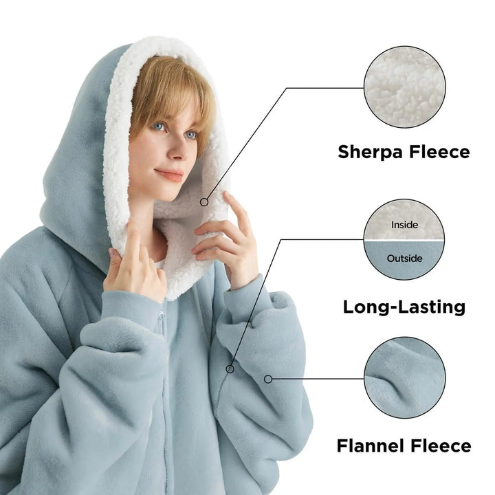 Unisex Wearable Blanket Hoodie Sherpa Fleece Zippered Warm