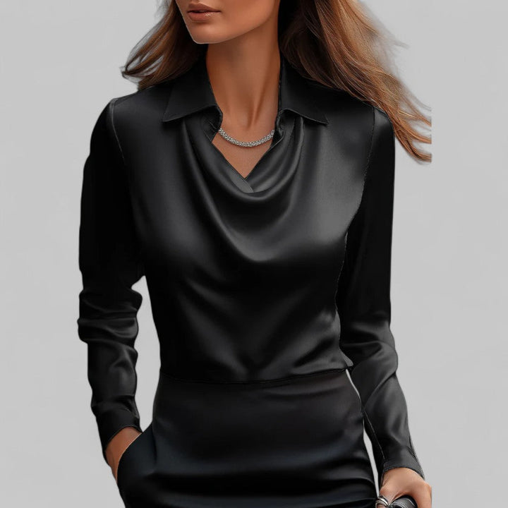 Womens Satin Blouse with Lace Point Collar and Cowl Neck Long Sleeve