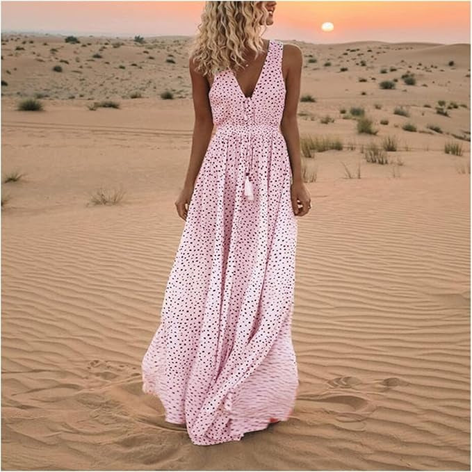 Womens Boho Maxi Dress Sleeveless V-Neck