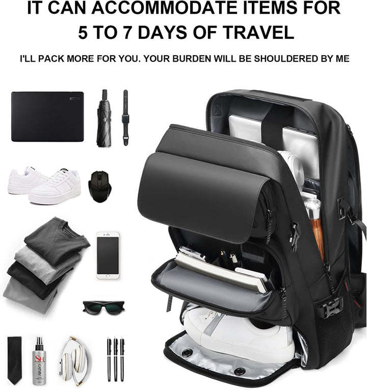 Unisex Travel Backpack Waterproof with Shoe Compartment USB Port 50L