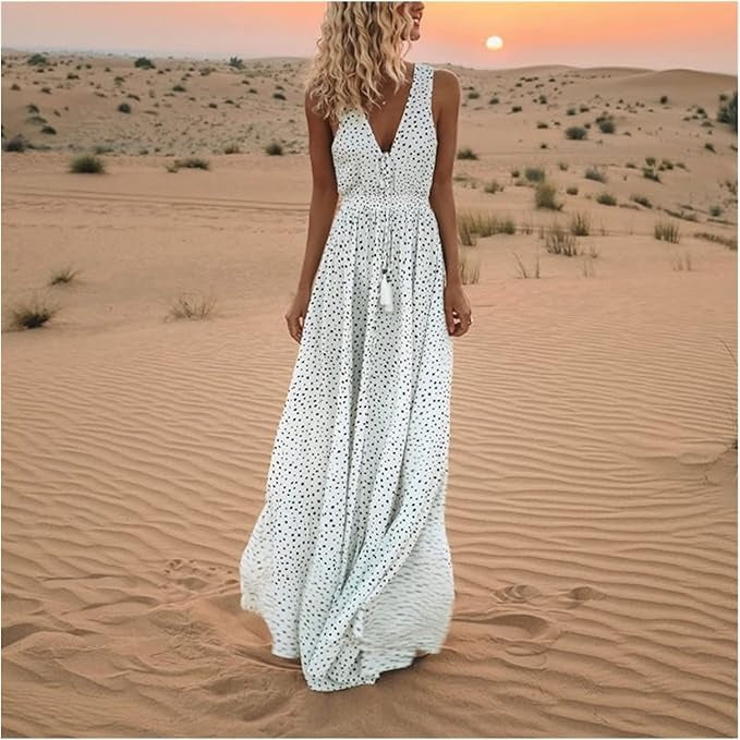Womens Boho Maxi Dress Sleeveless V-Neck