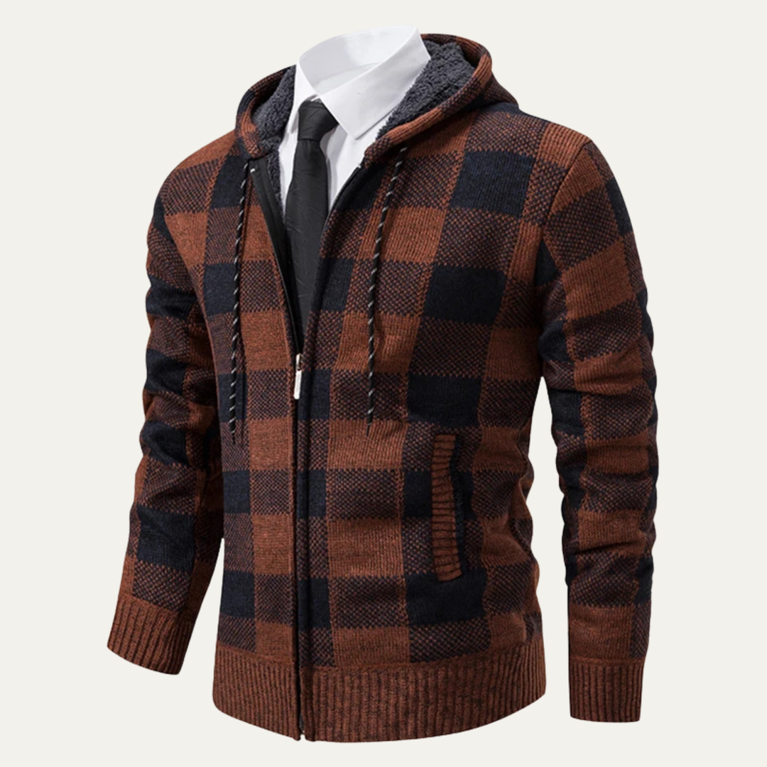 Mens Knit Jacket Zip-Up Hooded Plaid Style