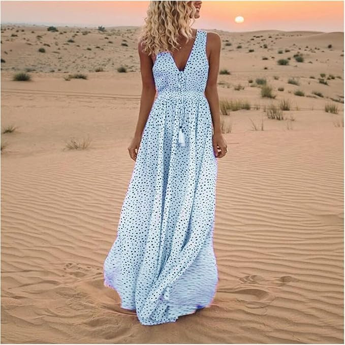 Womens Boho Maxi Dress Sleeveless V-Neck