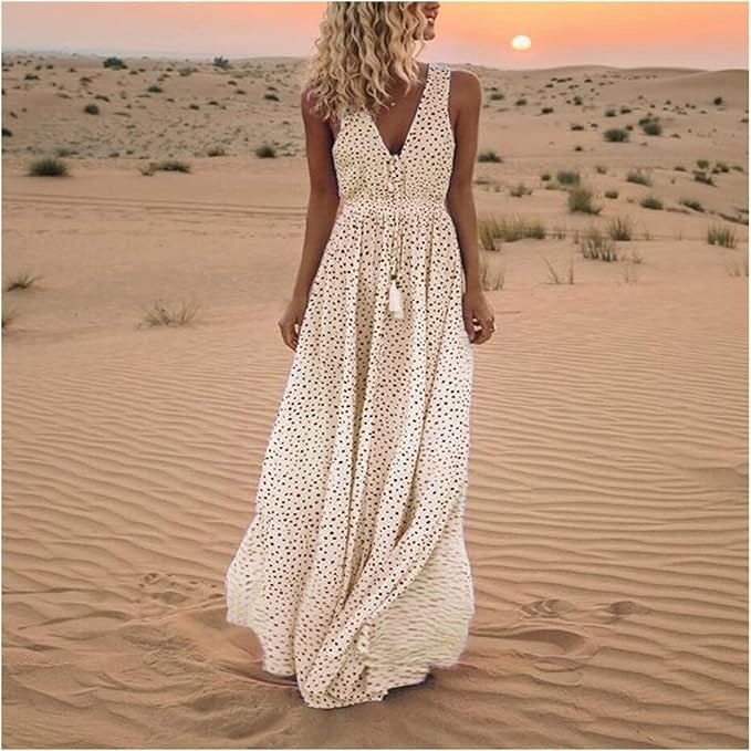 Womens Boho Maxi Dress Sleeveless V-Neck - BritishMode