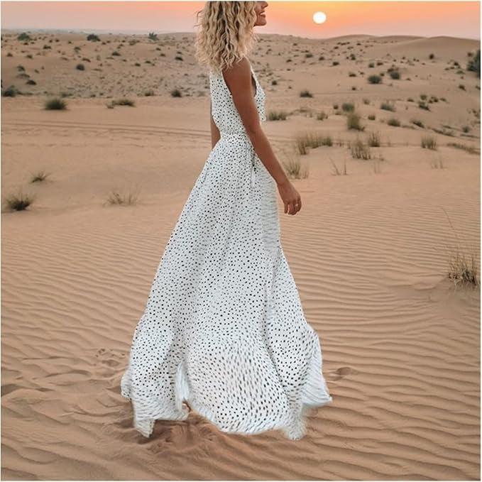 Womens Boho Maxi Dress Sleeveless V-Neck