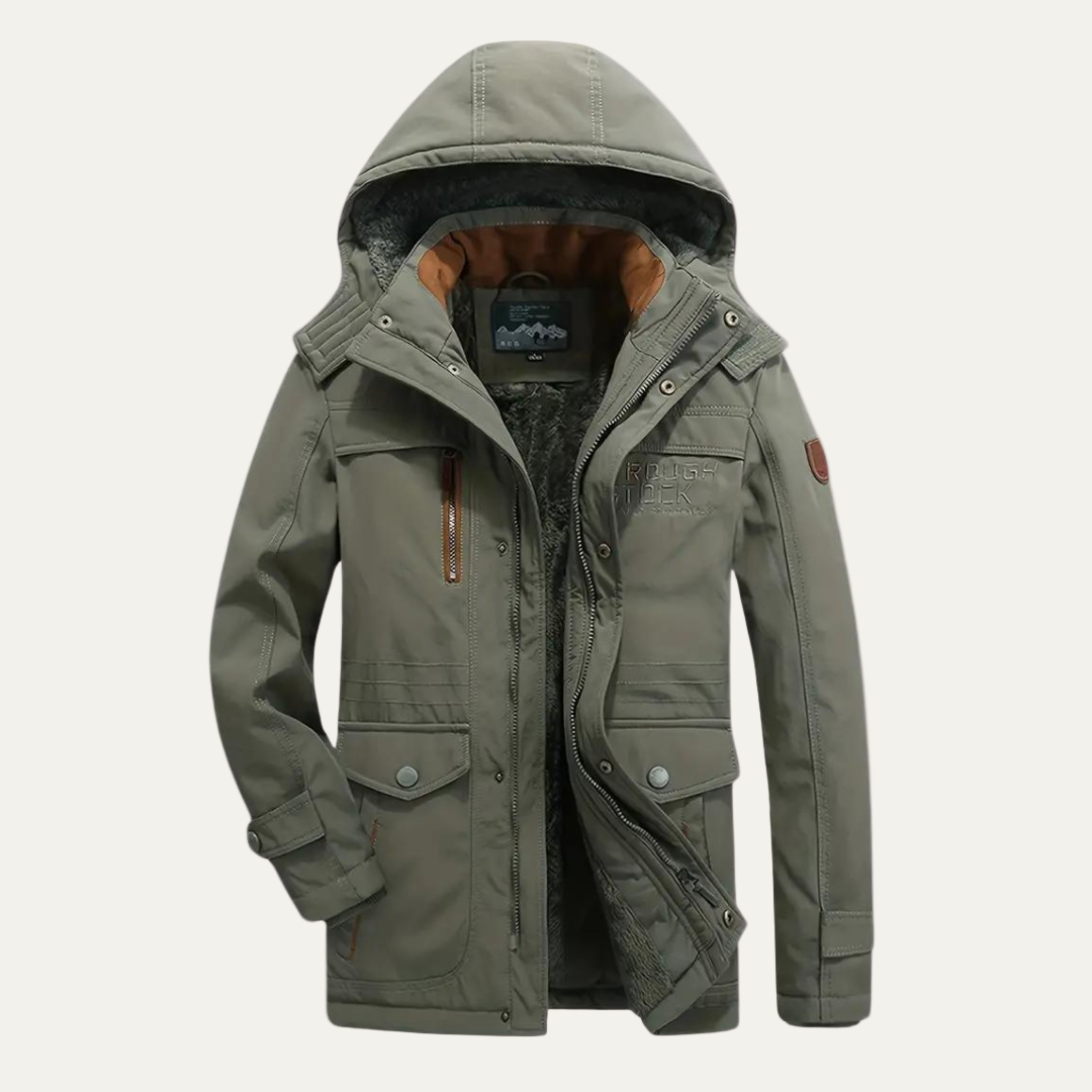 Mens Insulated Outdoor Parka with Removable Hood Rugged Fit