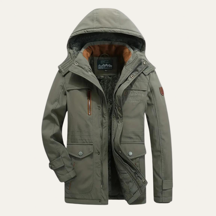 Mens Insulated Outdoor Parka with Removable Hood Rugged Fit