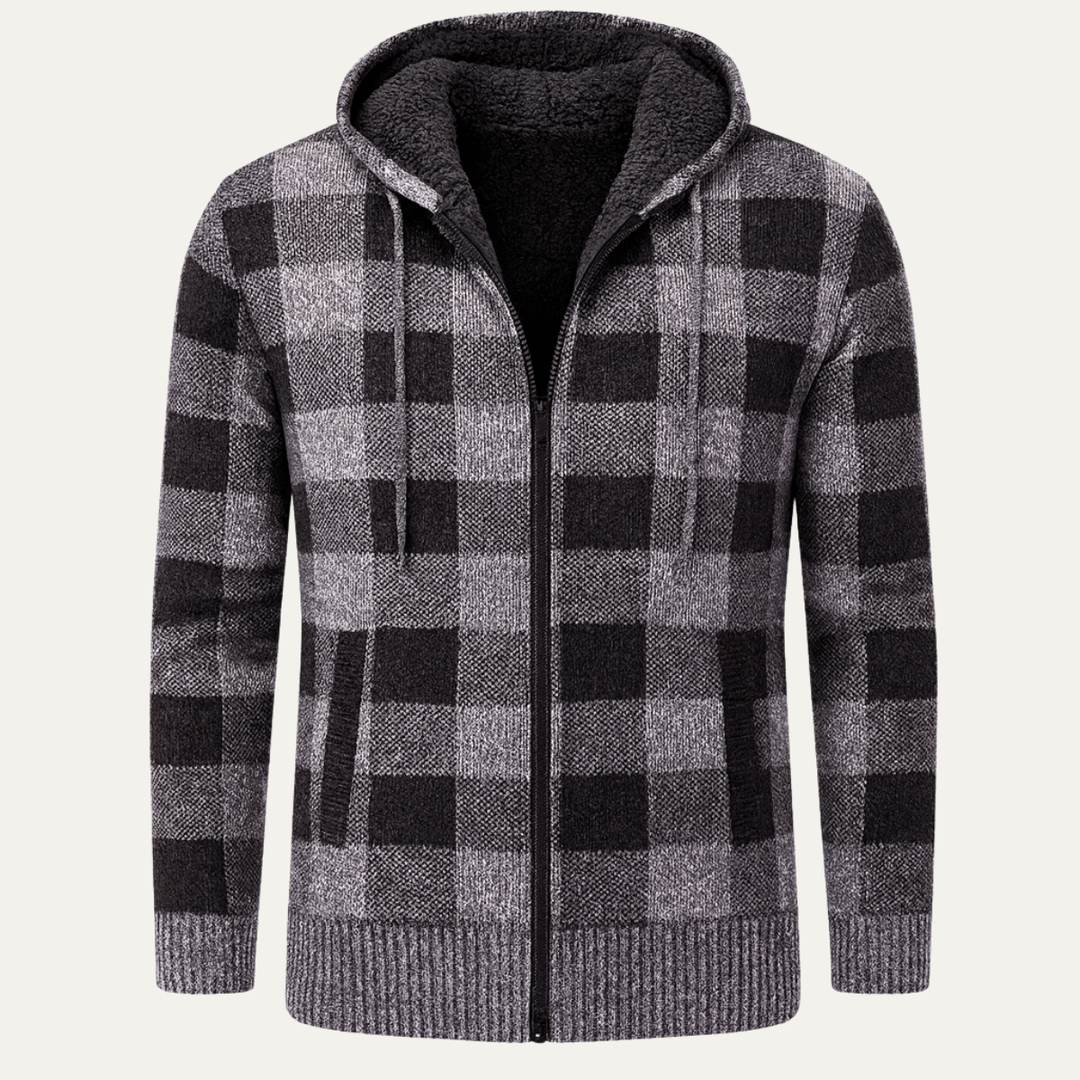Mens Knit Jacket Zip-Up Hooded Plaid Style - BritishMode