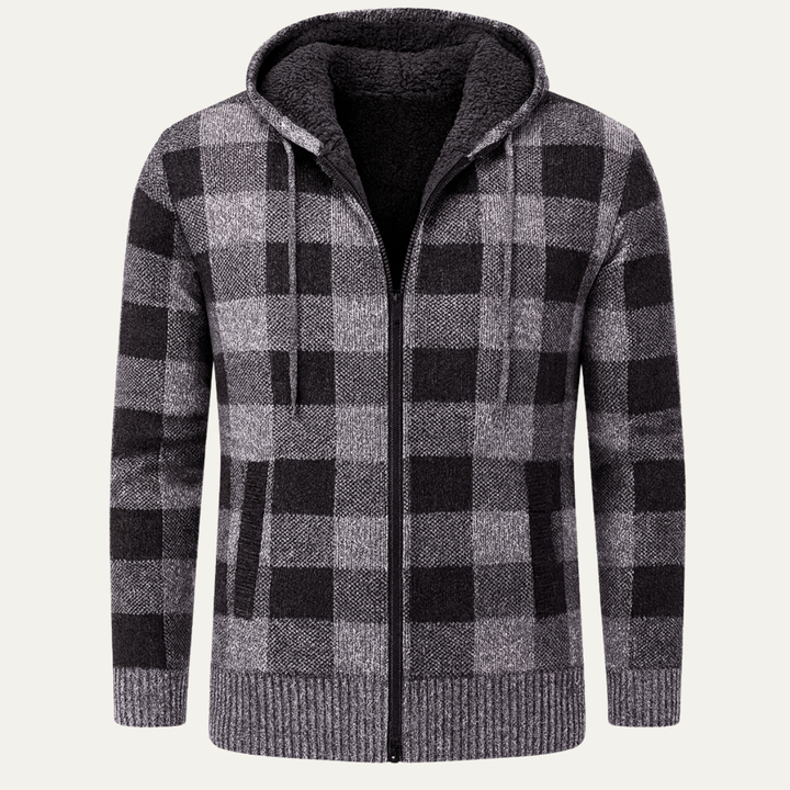 Mens Knit Jacket Zip-Up Hooded Plaid Style - BritishMode