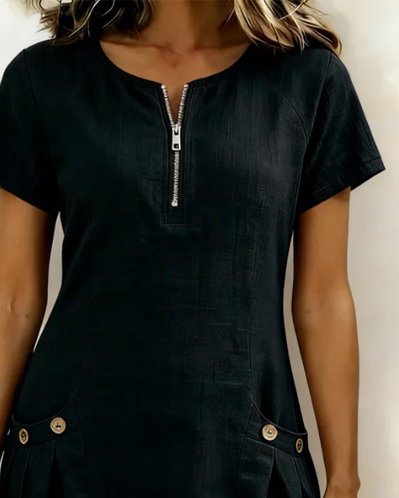 Womens Shift Dress Short Sleeve Zip Neck with Pockets