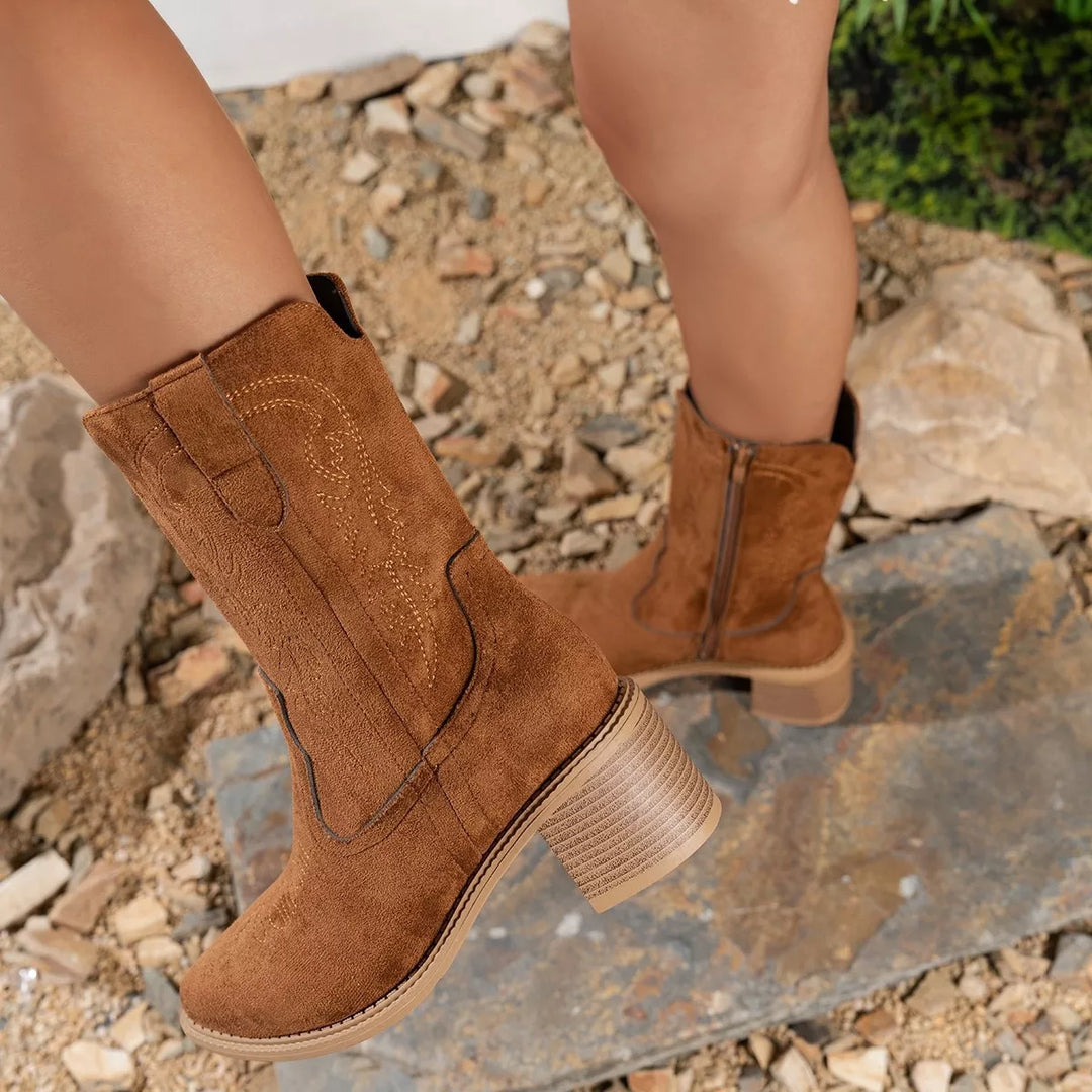 Womens Western Boots Soft Leather Stack Heel - BritishMode
