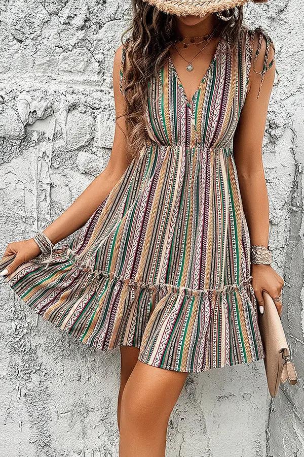 Womens Casual Dress with Bohemian Print V-Neck - BritishMode