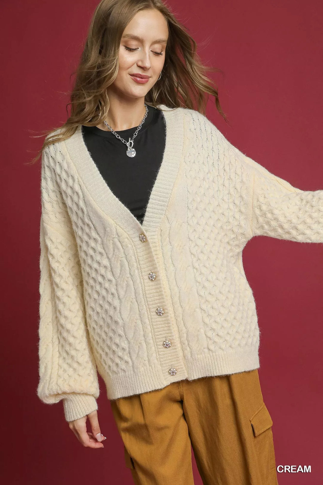 Womens Cable Knit Cardigan Soft Fit Button Front - BritishMode