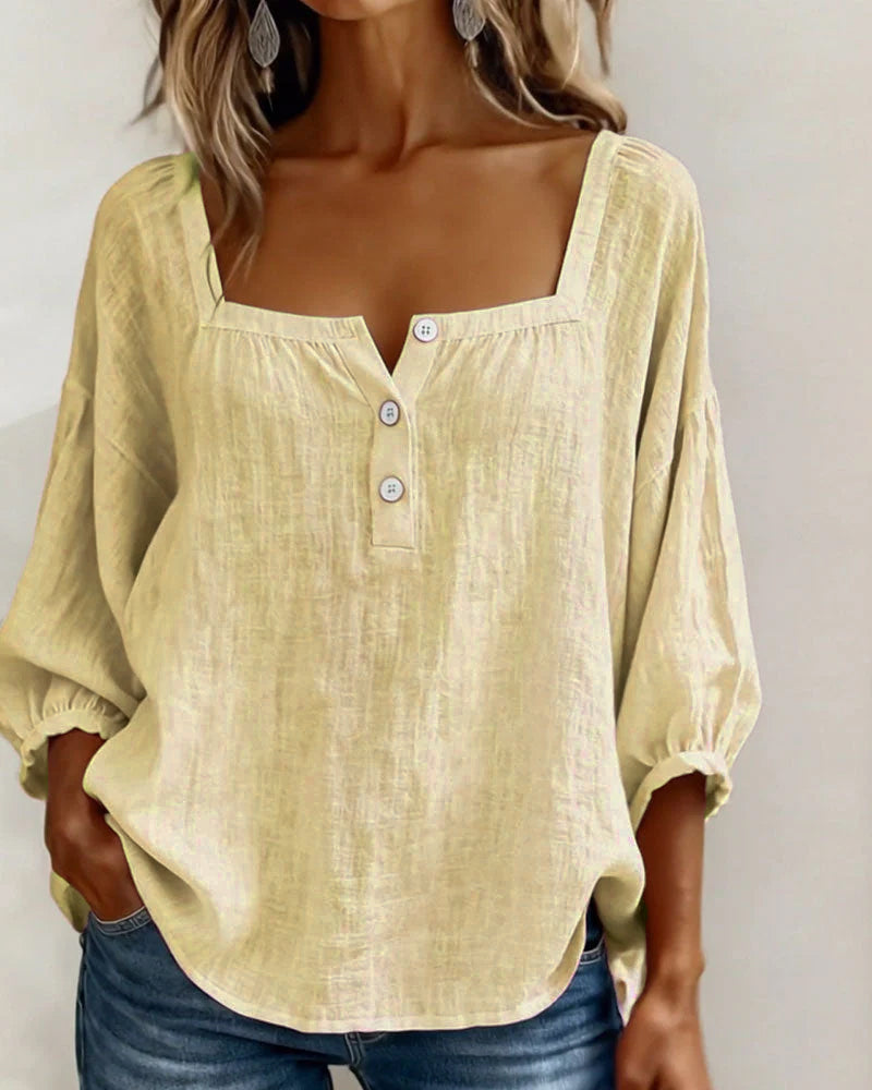 Womens Blouse Square Neck Puff Sleeve Button Front