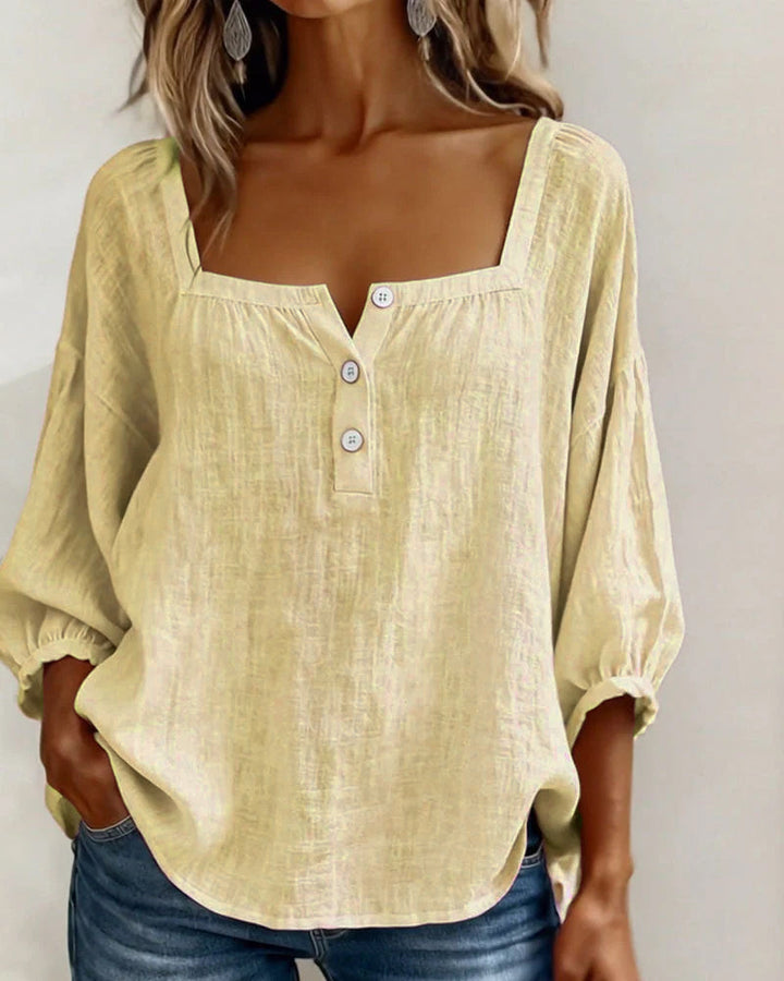 Womens Blouse Square Neck Puff Sleeve Button Front