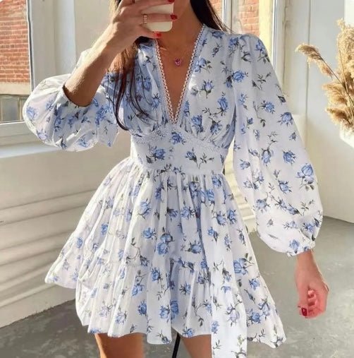 Womens Summer Dress Floral V-Neck Ruffle Detail