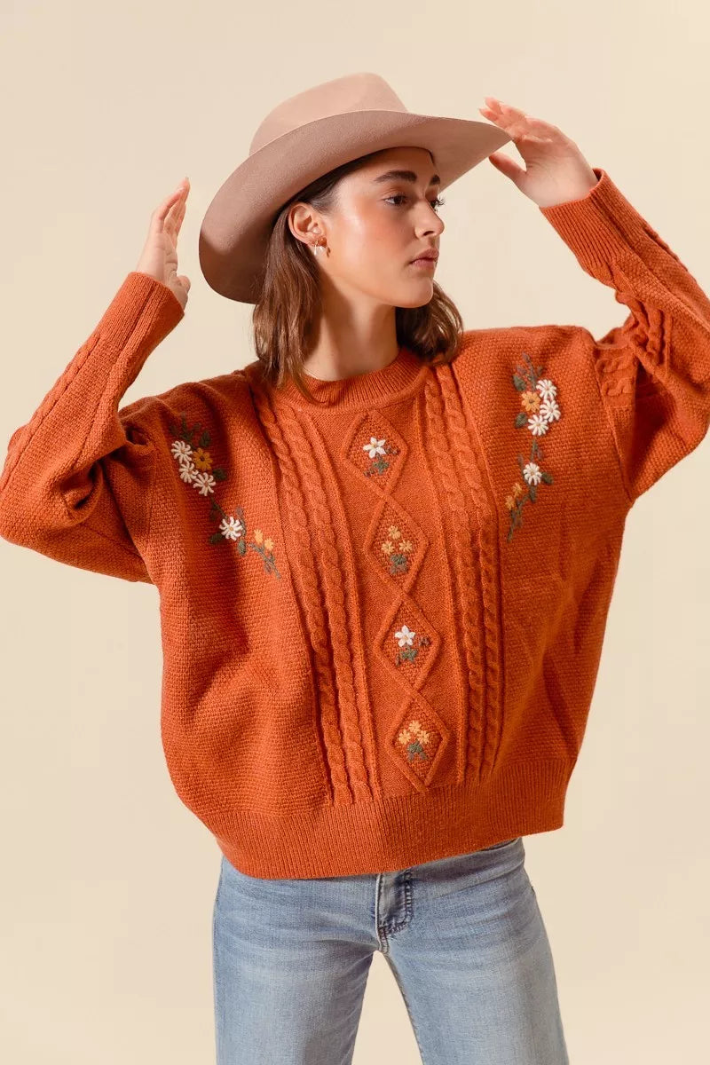 Womens Crew Neck Sweater Floral Pattern Classic Fit - BritishMode