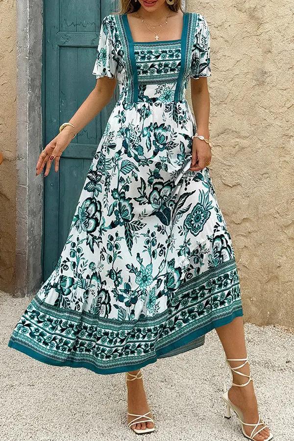 Womens Casual Dress Bohemian Print Short Sleeve