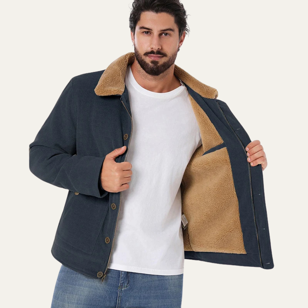 Mens Corduroy Sherpa Jacket Button-Up Winter Style